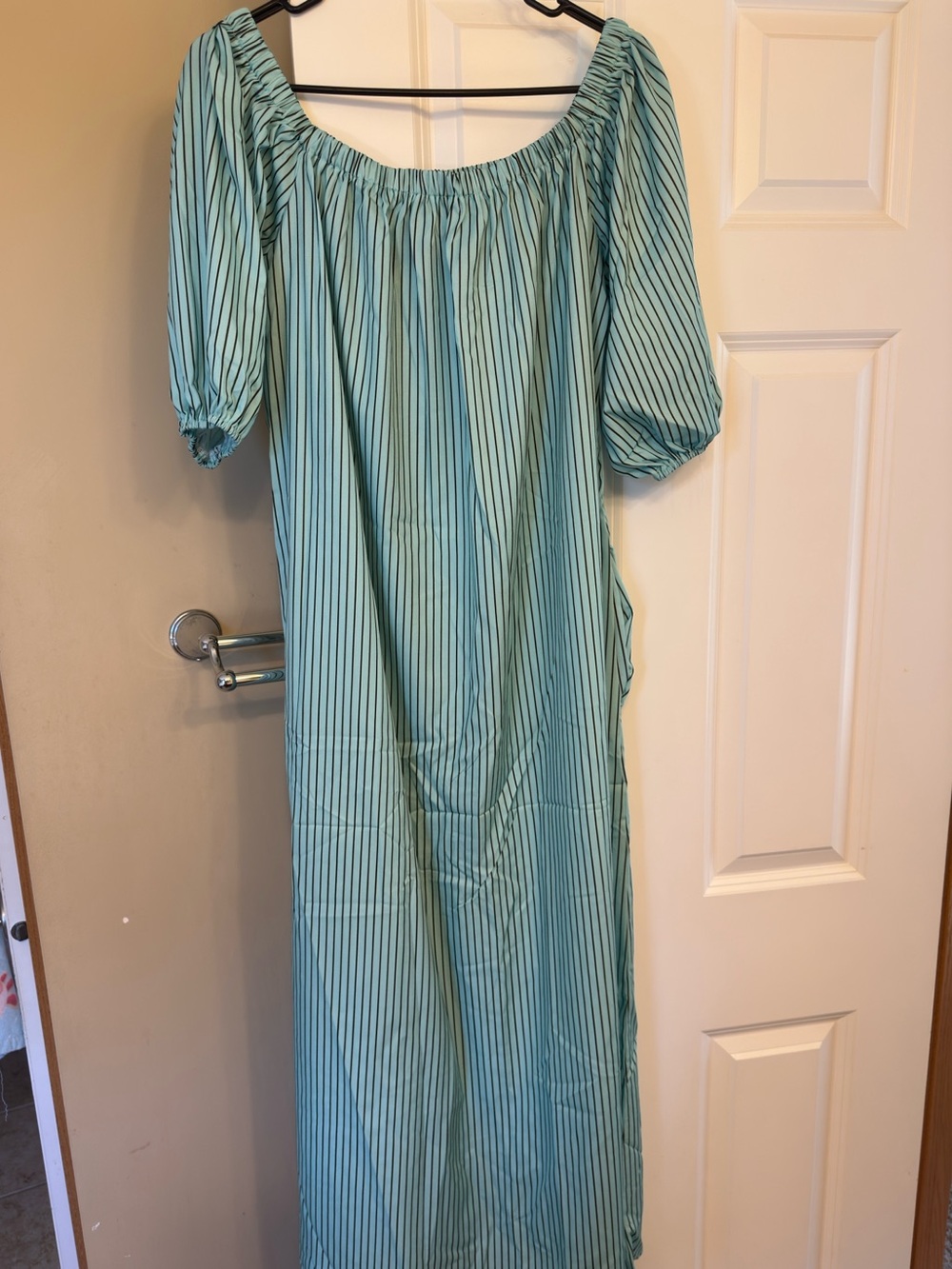 Striped Mint Green Off-Shoulder Maxi Dress